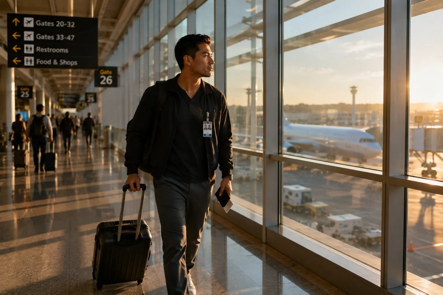 Physician walking through an airport terminal at sunset, hospital badge on and a case in hand, on the way to the next assignment