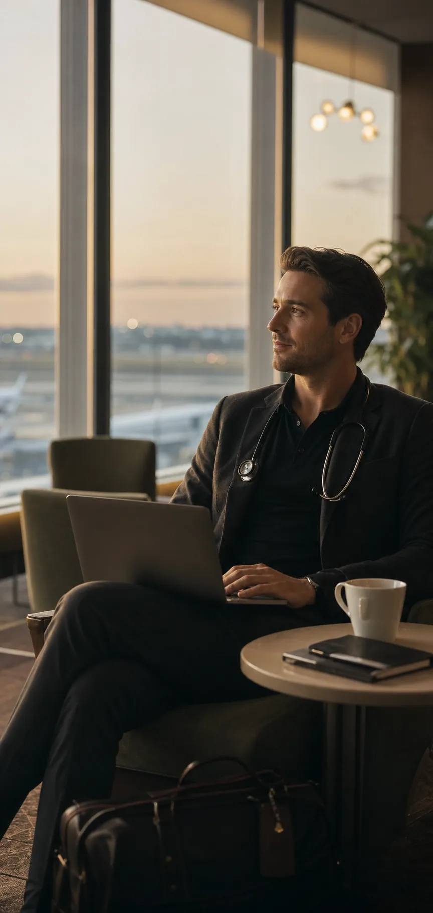 Physician working from an airport lounge
