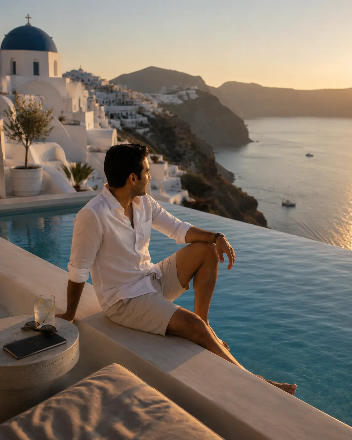 Physician relaxing by an infinity pool overlooking the sea at sunset