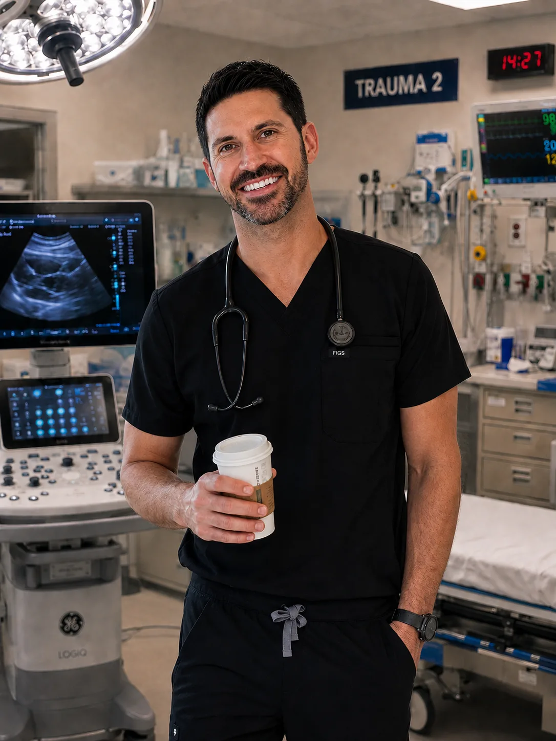 Nicholas Glover, DO, founder of Attending, in a trauma bay in scrubs with a coffee between cases