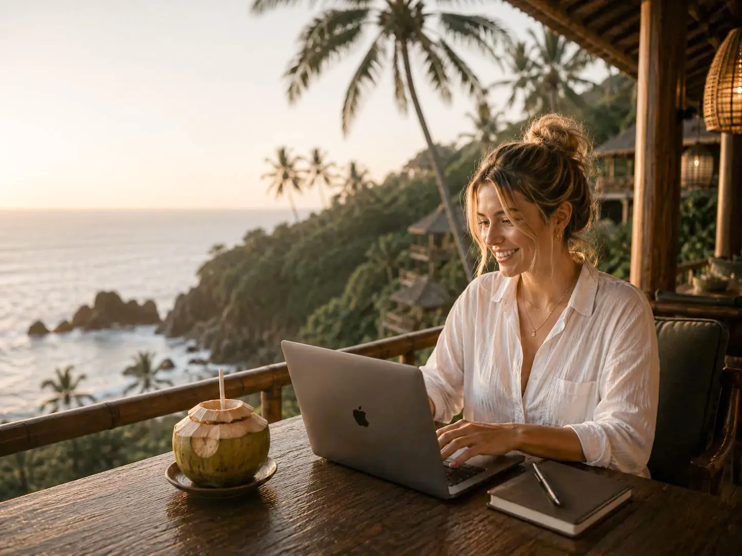 Physician working on a laptop from an open-air terrace above the ocean at sunset